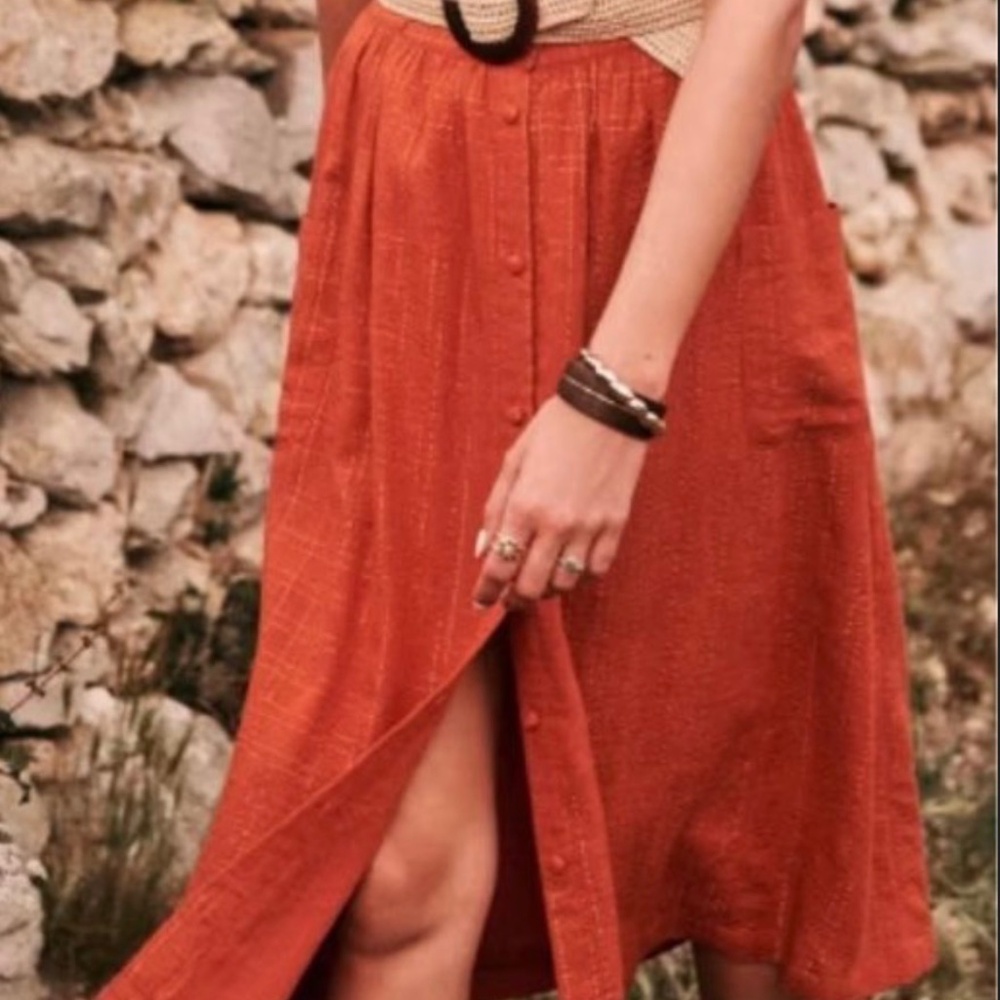 Sezane Rust Orange Button-Front A-Line Skirt